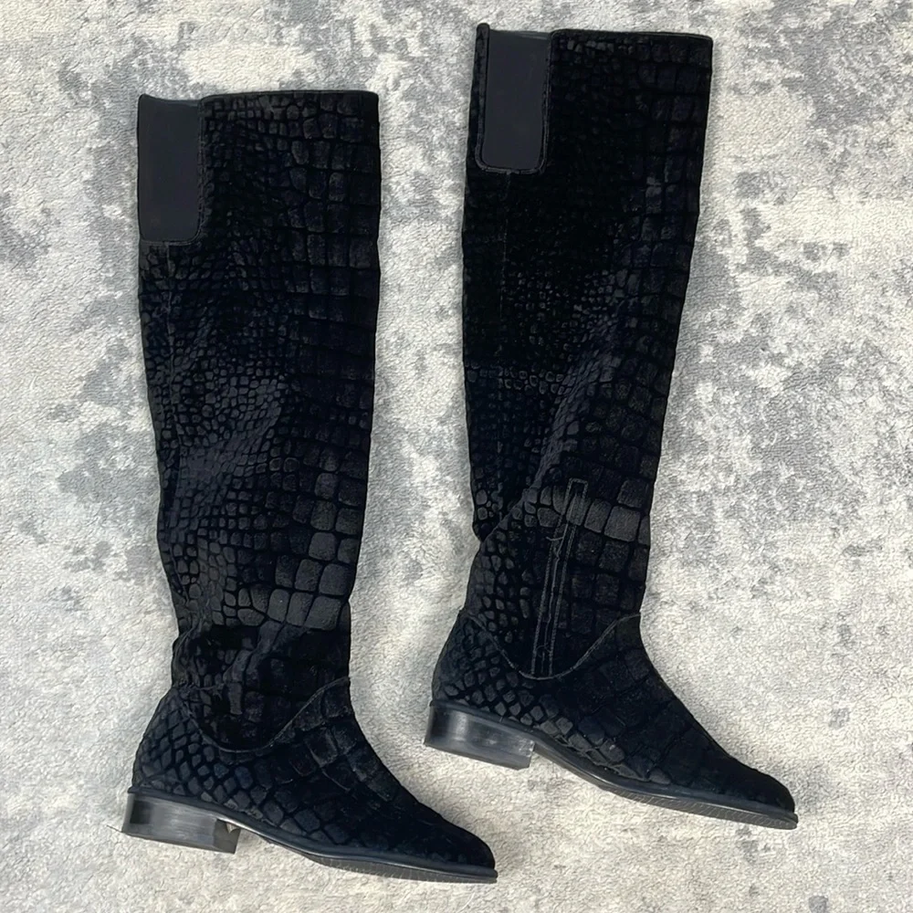 Stuart Weitzman Velvet Croco Nero Black Knee High Riding Boot Sz 35